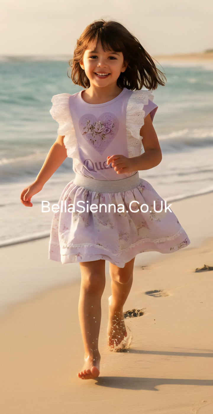 Lilac "Queen" Heart Design With Sparkle & Pearl Deatil Skirt & Top Set - 3603