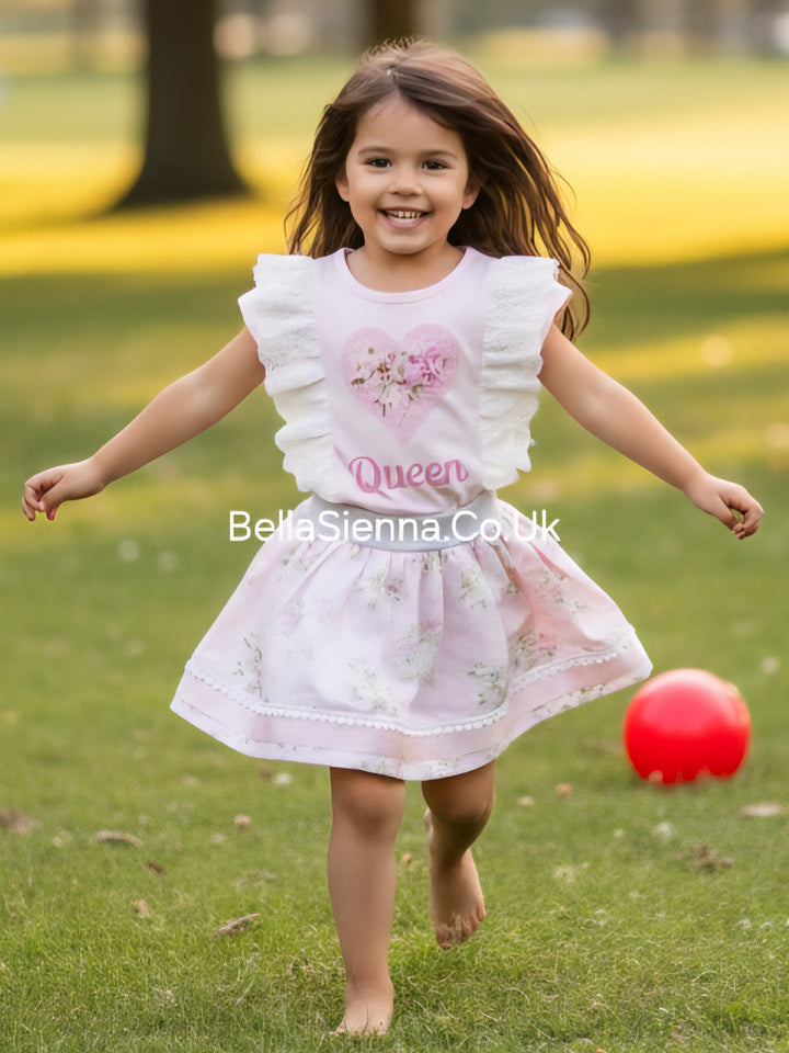 Pink "Queen" Heart Design With Sparkle & Pearl Deatil Skirt & Top Set - 3603