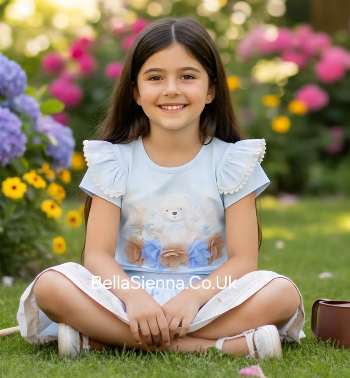 Blue & Beige Teddy Bear Pearl Deatil Skirt & Top Set - 3605