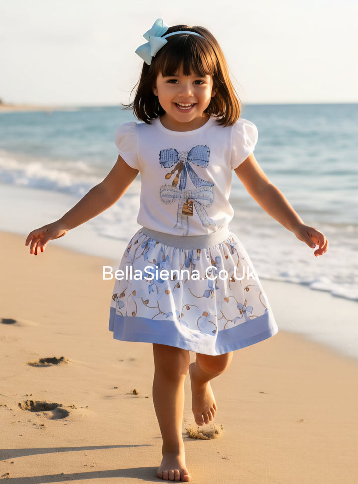 Blue & White "Bow" Skirt & Top Set With Pearl & Sparkle Detail -3608