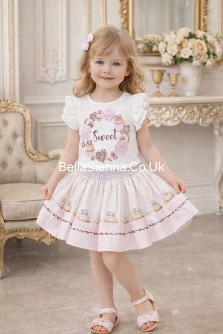 Ivory & Pink "Sweet" Skirt & Top Set With Pearl & Sparkle Detail -3609