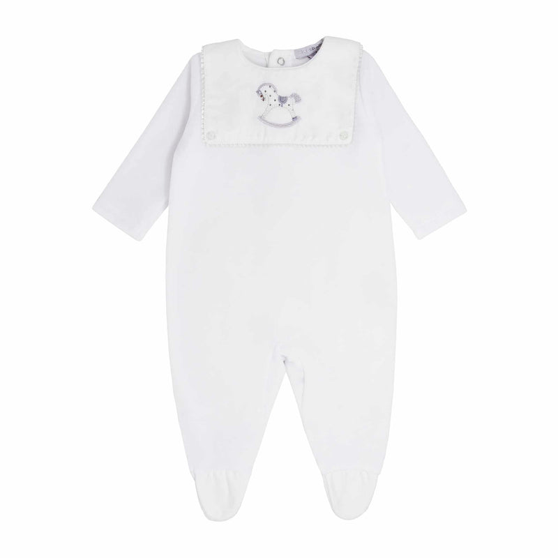 Blues Baby White Velour Rocking Horse Embroidered Unisex Babygrow - BB0151