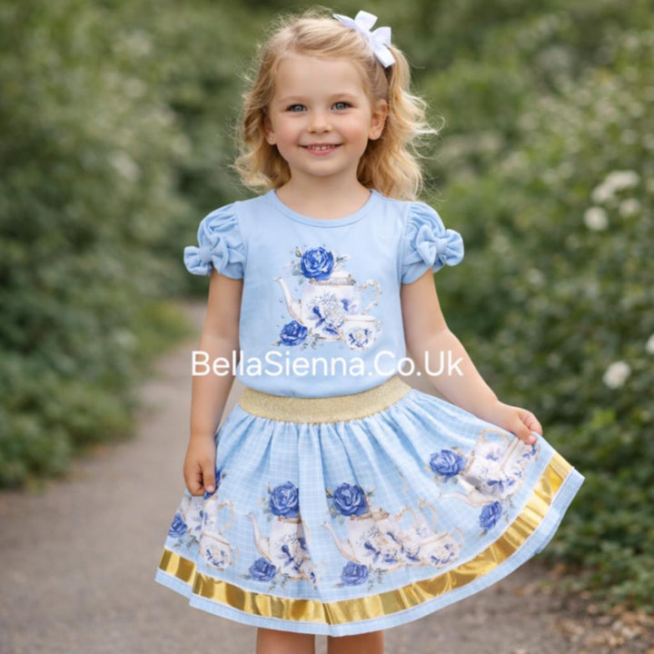 Blue Girls "Tea Party" Top & Skirt Set With Bows On The Sleeves - 3613