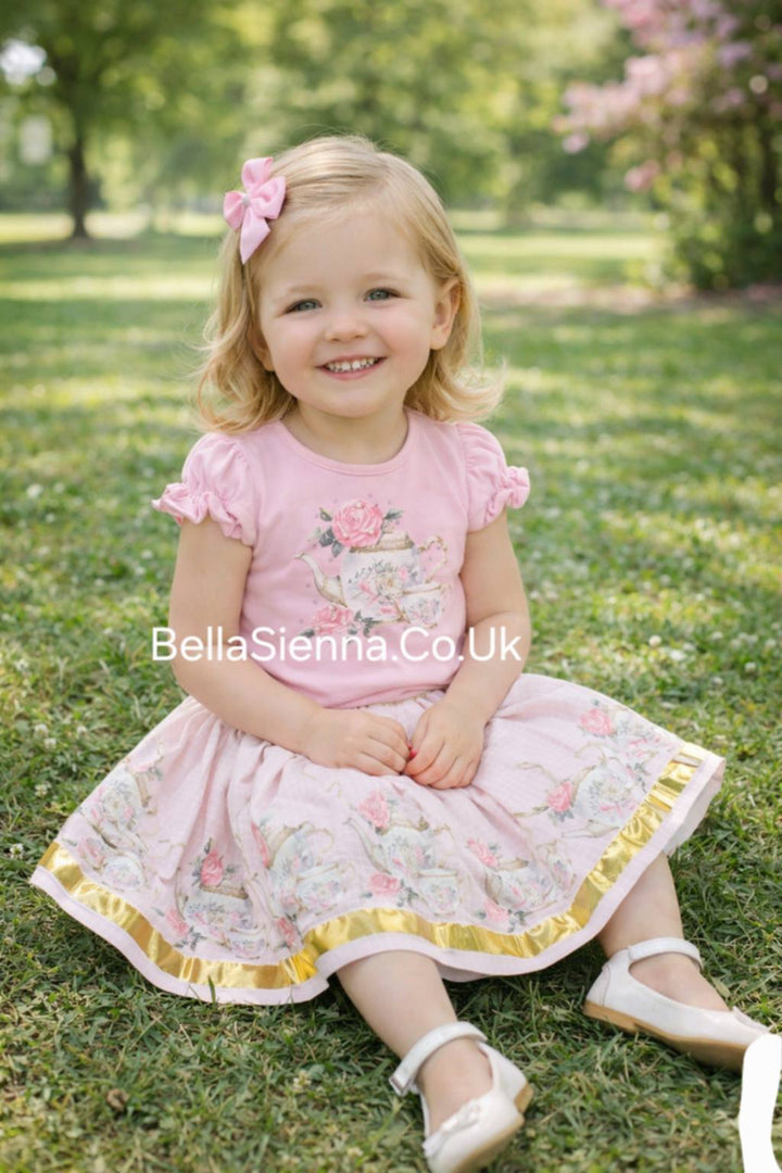Pink Girls "Tea Party" Top & Skirt Set With Bows On The Sleeves - 3613