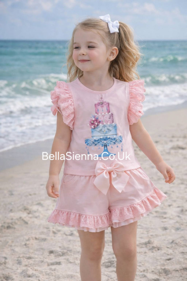 Pink "Cake" Anglaise & Bow Frilly Shorts Set - 3628