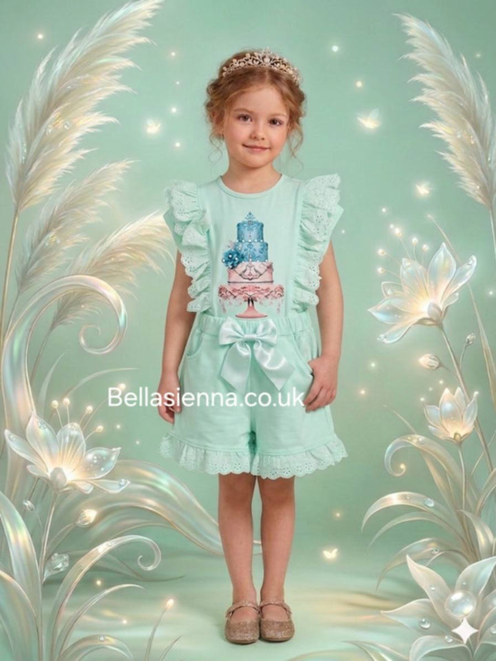 Mint Green "Cake" Anglaise & Bow Frilly Shorts Set - 3628