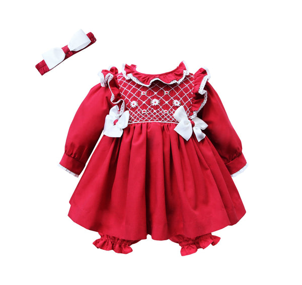 Pretty Originals Red & Cream Smocked Dress, Bloomers & Headband Set - MT02365