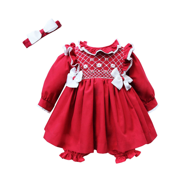 Pretty Originals Red & Cream Smocked Dress, Bloomers & Headband Set - MT02365