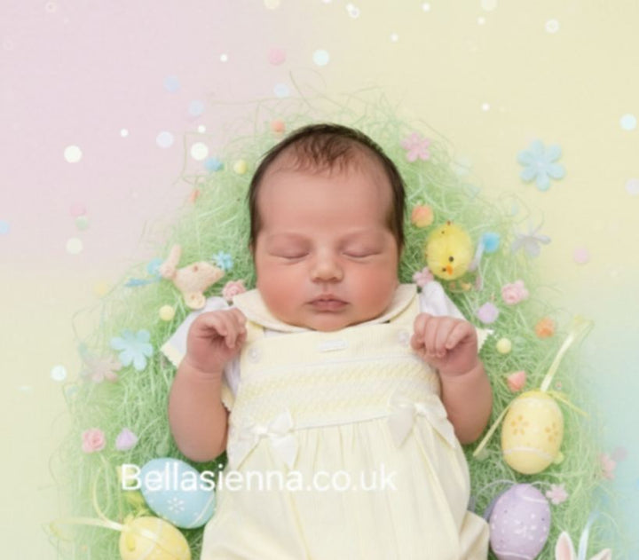 Girls Two Piece Lemon & White Smocked Dungaree & Top Set With Bows - 8045A