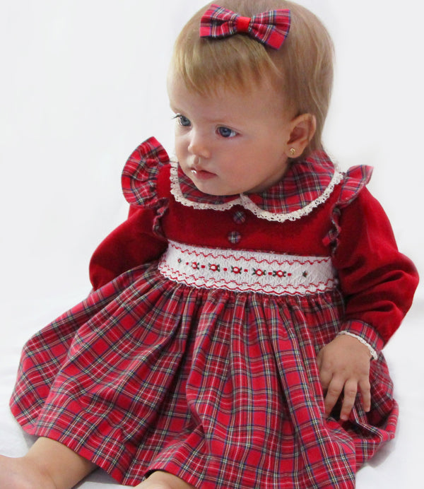 Pretty Originals Red Tartan Smocked Dress, Bloomers & Headband Set - MT02325