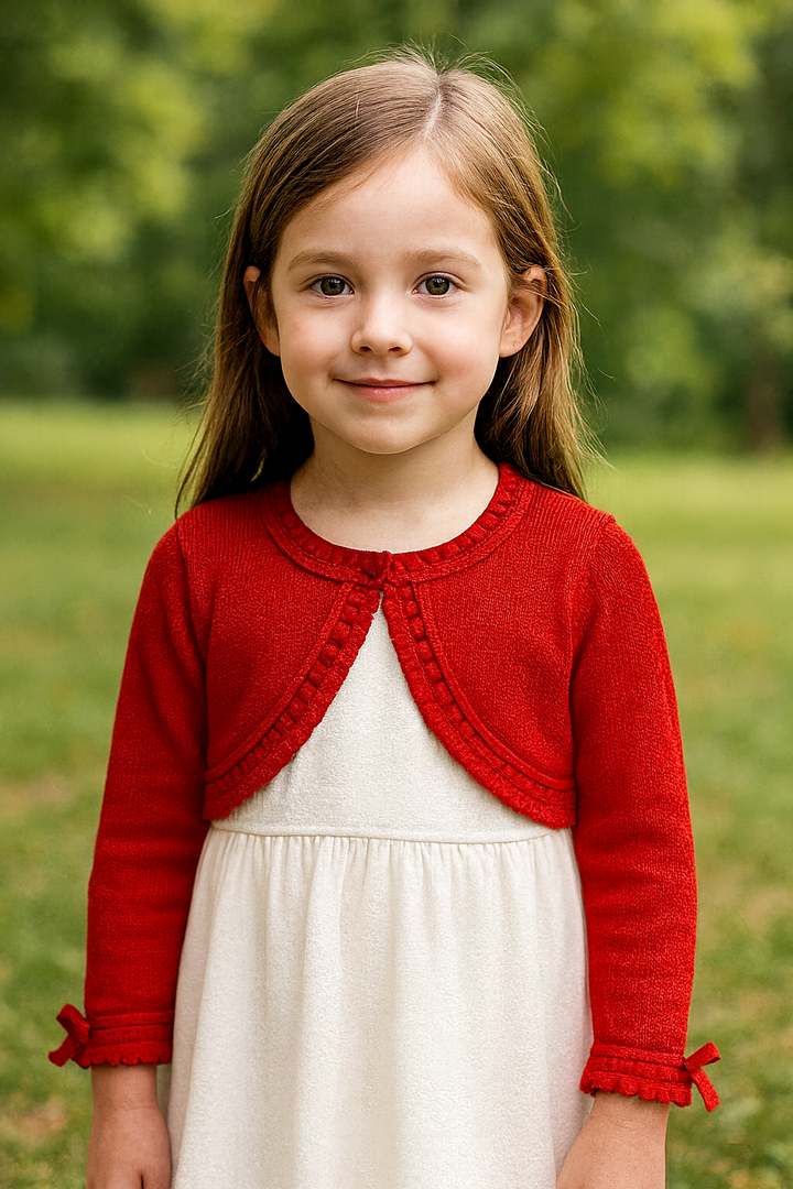 Pretty Originals Girls Red Cotton Cropped Bow Cardigan