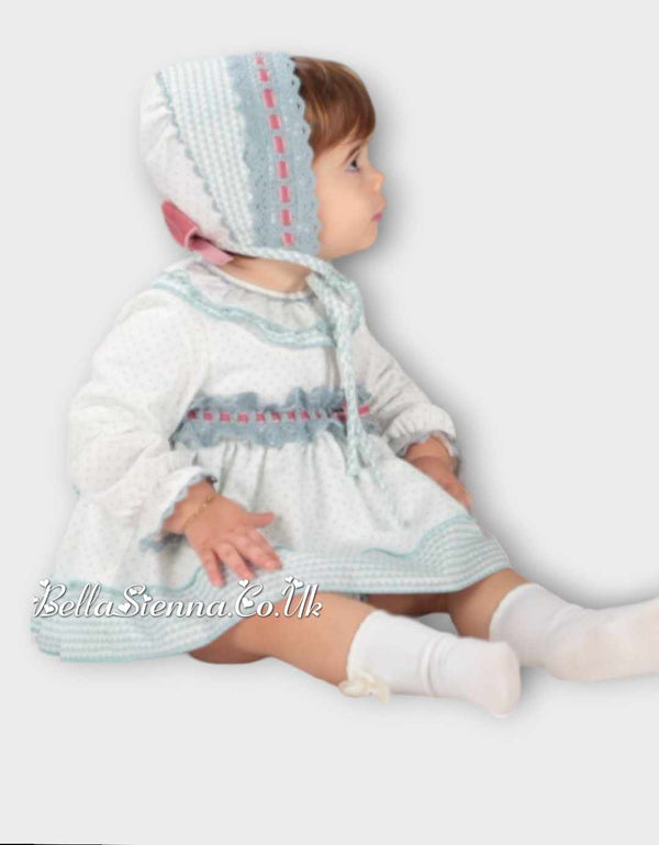 Babine Ivory And Green Dress Set With Lace And Velvet Bows 1812811