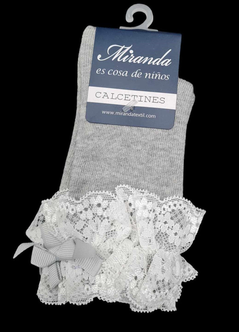 Miranda Girls Grey & White Knee High Lace Top Socks