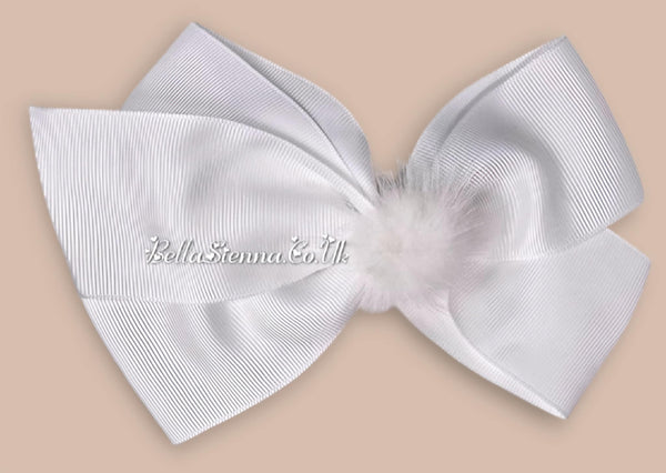 Bowtique London 6 Inch White Grosgrain Large Hair Bow With Fur Pom