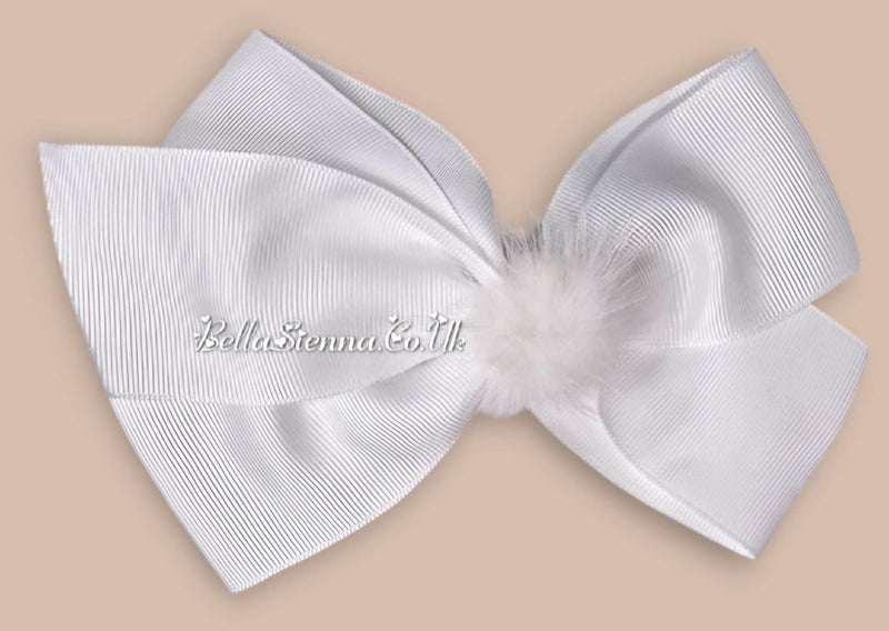 Bowtique London 6 Inch White Grosgrain Large Hair Bow With Fur Pom