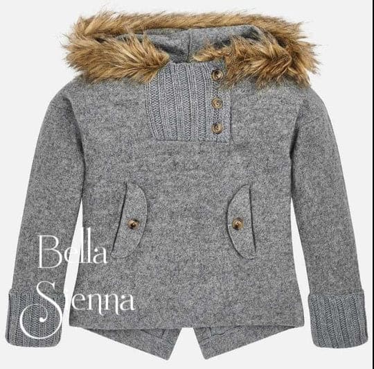 Mayoral Girls Grey Cardigan/Jumper With Faux Fur Hood