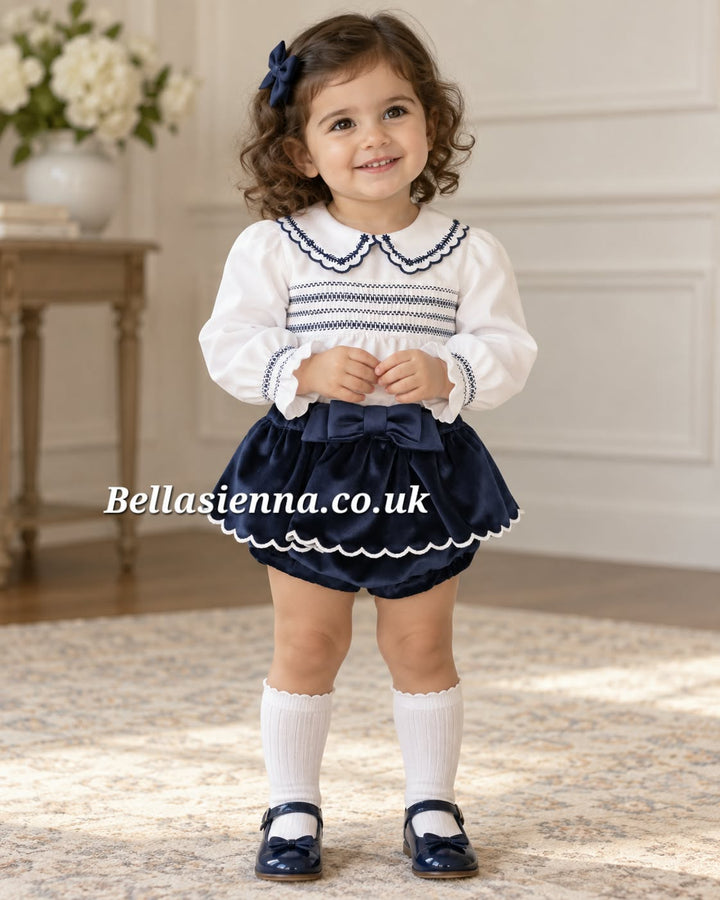 Deolinda Girls Navy Velvet Two Piece Bloomers Set With Smocking - DBI26633