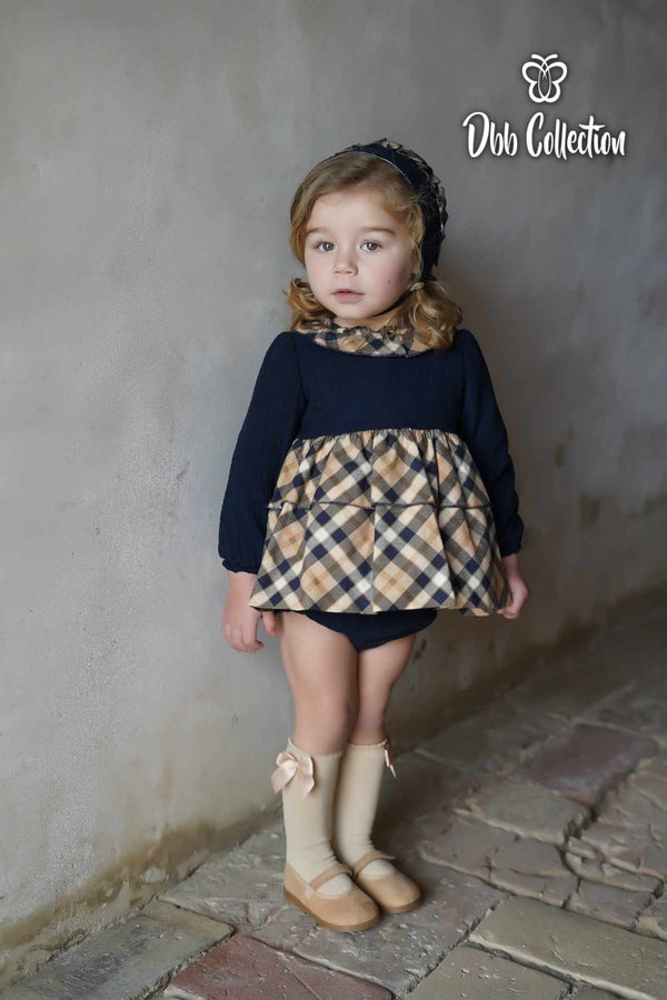 Dbb Collection Navy Blue & Camel Dress, Pants & Bonnet Set - 17001