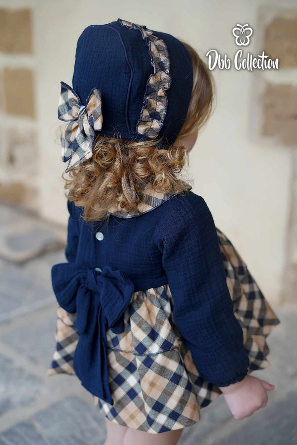 Dbb Collection Navy Blue & Camel Dress, Pants & Bonnet Set - 17001