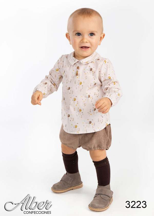 Alber Boys Beige& Brown  Print Shirt & Shorts Set- 3223