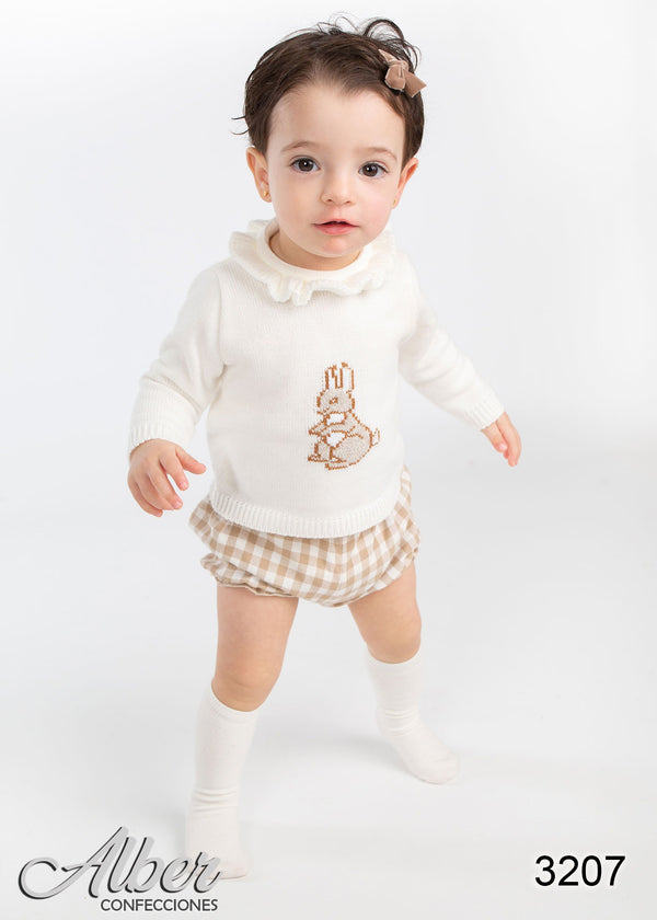 Alber Girls Ivory & Beige Jumper & Shorts Set With Frilly Collar - 3207