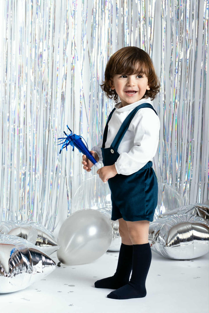 Calamaro Boys Shirt & Navy Velvet Dungaree Set - 11261