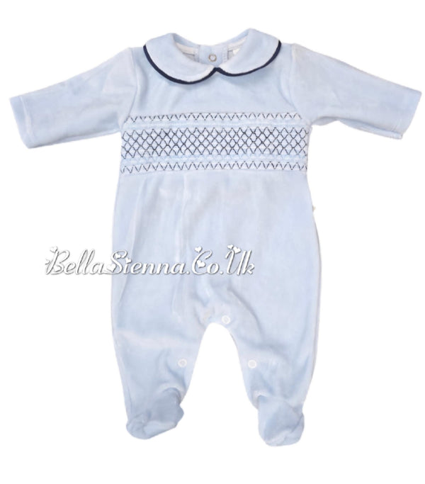 Bella Sienna Blue Velour Baby Smocked All-in-One