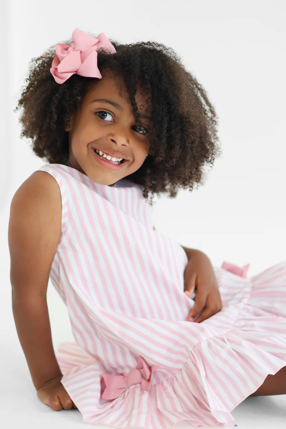 Harris Kids "Grace" Girls Pink Striped Frilly Bow Dress
