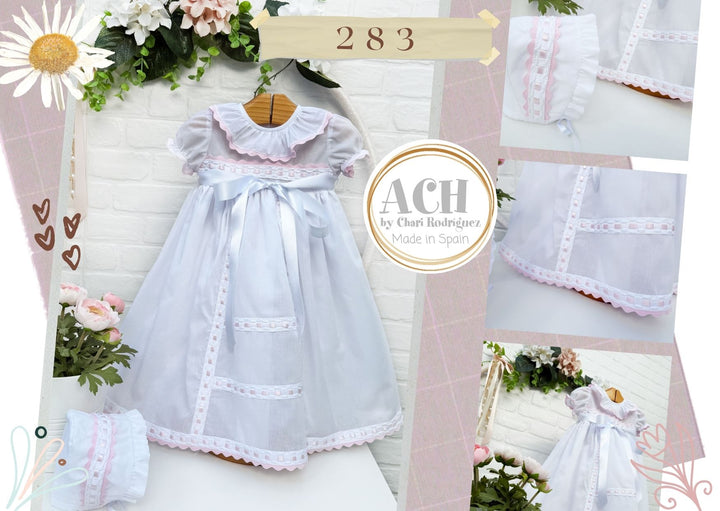 White & Pink Ribbon Detail Baby Girls Day Gown With Matching Bonnet - 283