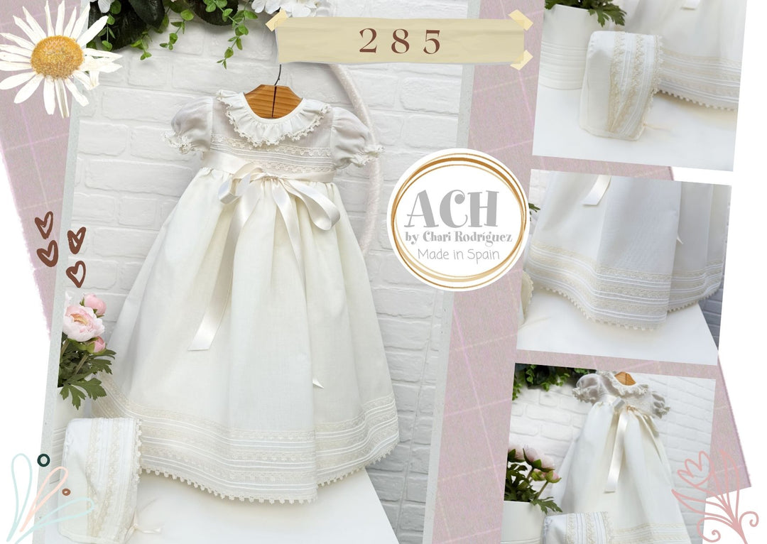 Baby Girls Cream Day Gown With Lace Trim With Matching Bonnet - 285