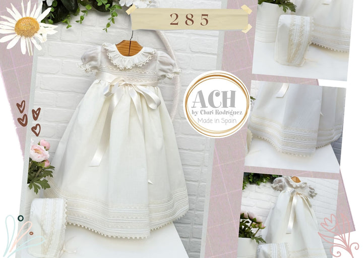 Baby Girls Cream Day Gown With Lace Trim With Matching Bonnet - 285