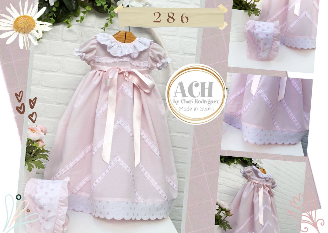 Pink & White Baby Girls Day Gown With Matching Bonnet - 286