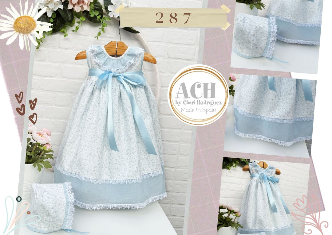 Baby Girls Blue & White Day Gown With Matching Bonnet - 287