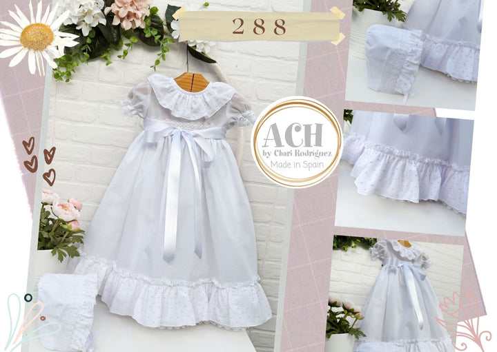 White With Pink Swiss Dot Trim Baby Girls Day Gown With Matching Bonnet - 288