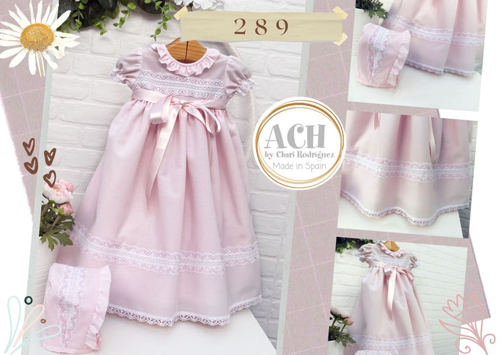 Baby Girls Pink & White Lace Trim Day Gown With Matching Bonnet - 289