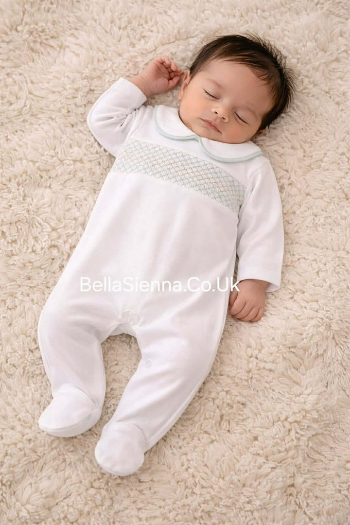 Unisex White & Mint Green Smocked All In One Babygrow - SG68