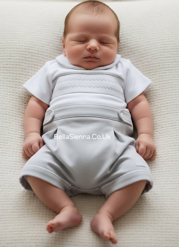 Blues Baby White & Grey Smocked Romper - BB0309