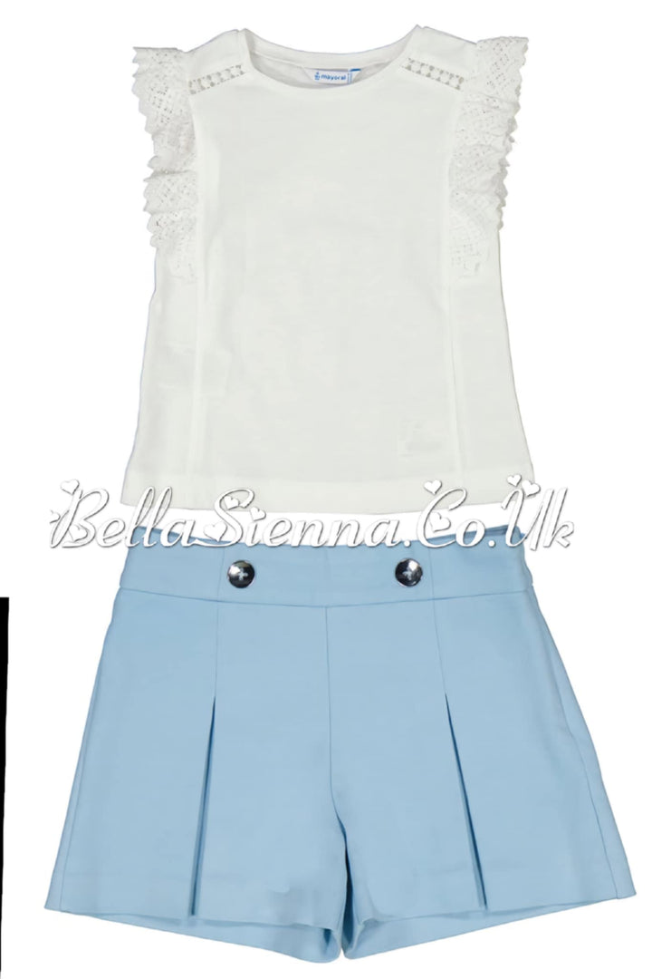Mayoral Girls White Crochet Detail Top & Blue Pleated Shorts - 3010 & 3201