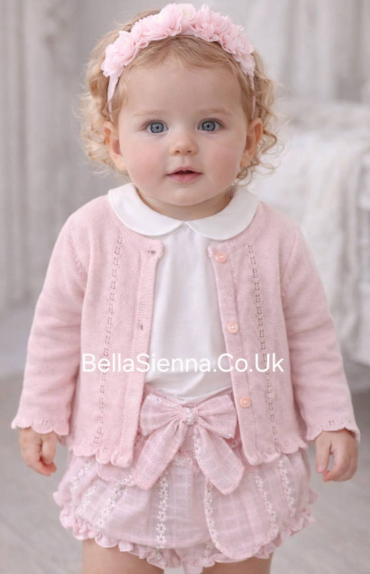 Mayoral Baby Girls Pink Three Piece Daisy Set - Cardigan, Top & Jam Pants With Bow - 1287