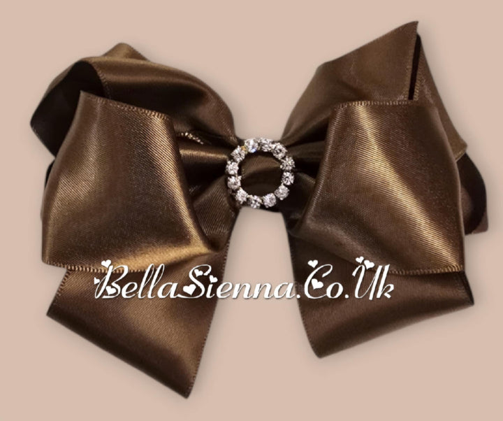Bowtique London 4 Inch Brown Satin Medium Size Hair Bow With Diamanté Centre