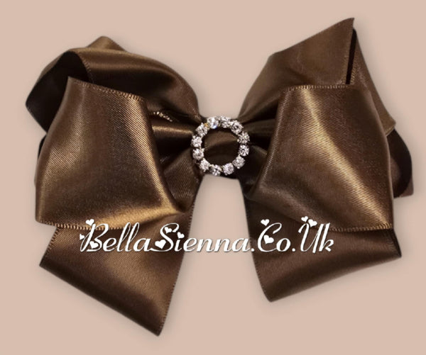 Bowtique London 4 Inch Brown Satin Medium Size Hair Bow With Diamanté Centre
