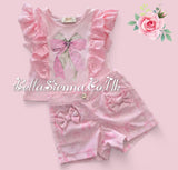 Blue "Bow" Anglaise Frill Shorts Set - S216