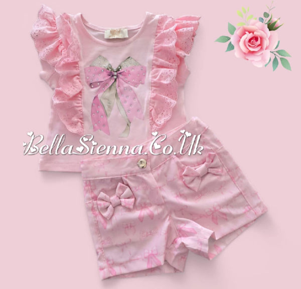 Blue "Bow" Anglaise Frill Shorts Set - S216