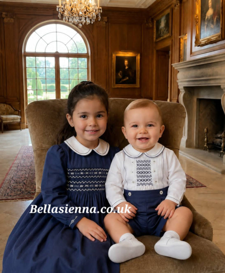 Sarah Louise Girls Navy, Beige & Brown Hand Smocked Winter Dress - 013985