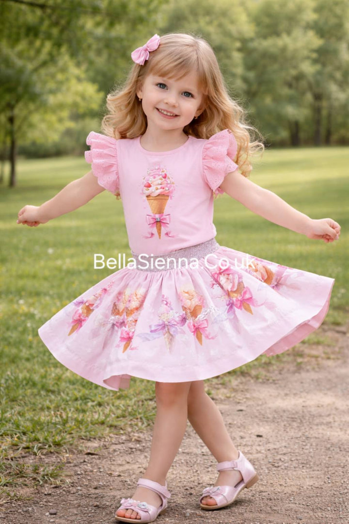 Pink "Ice Cream" Tulle & Anglaise Skirt & Top Set - 4009