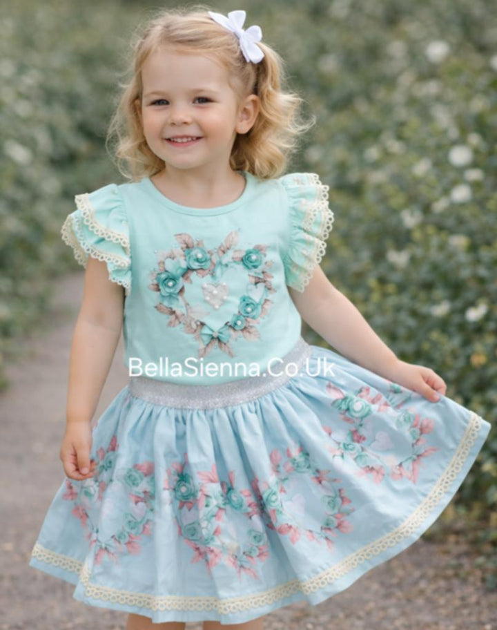 Mint Green "Flower Heart" Skirt & Top Set - 4024