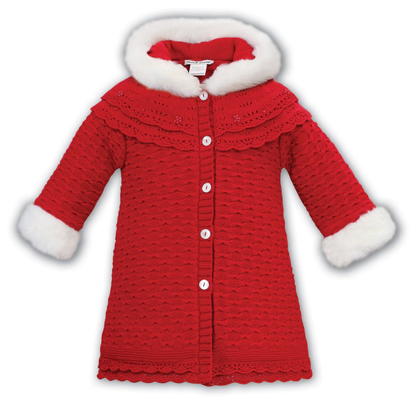 Sarah Louise Girls Red Knitted Coat With Faux Fur Trim 008187