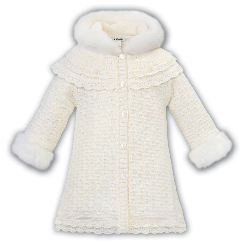 Sarah Louise Girls Ivory Knitted Coat With Faux Fur Trim 008187