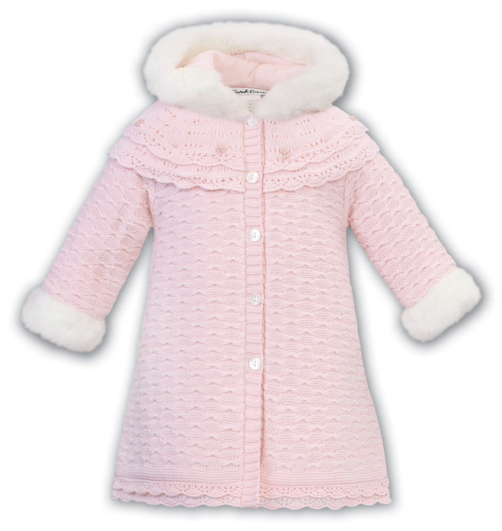 Sarah Louise Girls Pink Knitted Coat With Faux Fur Trim 008187