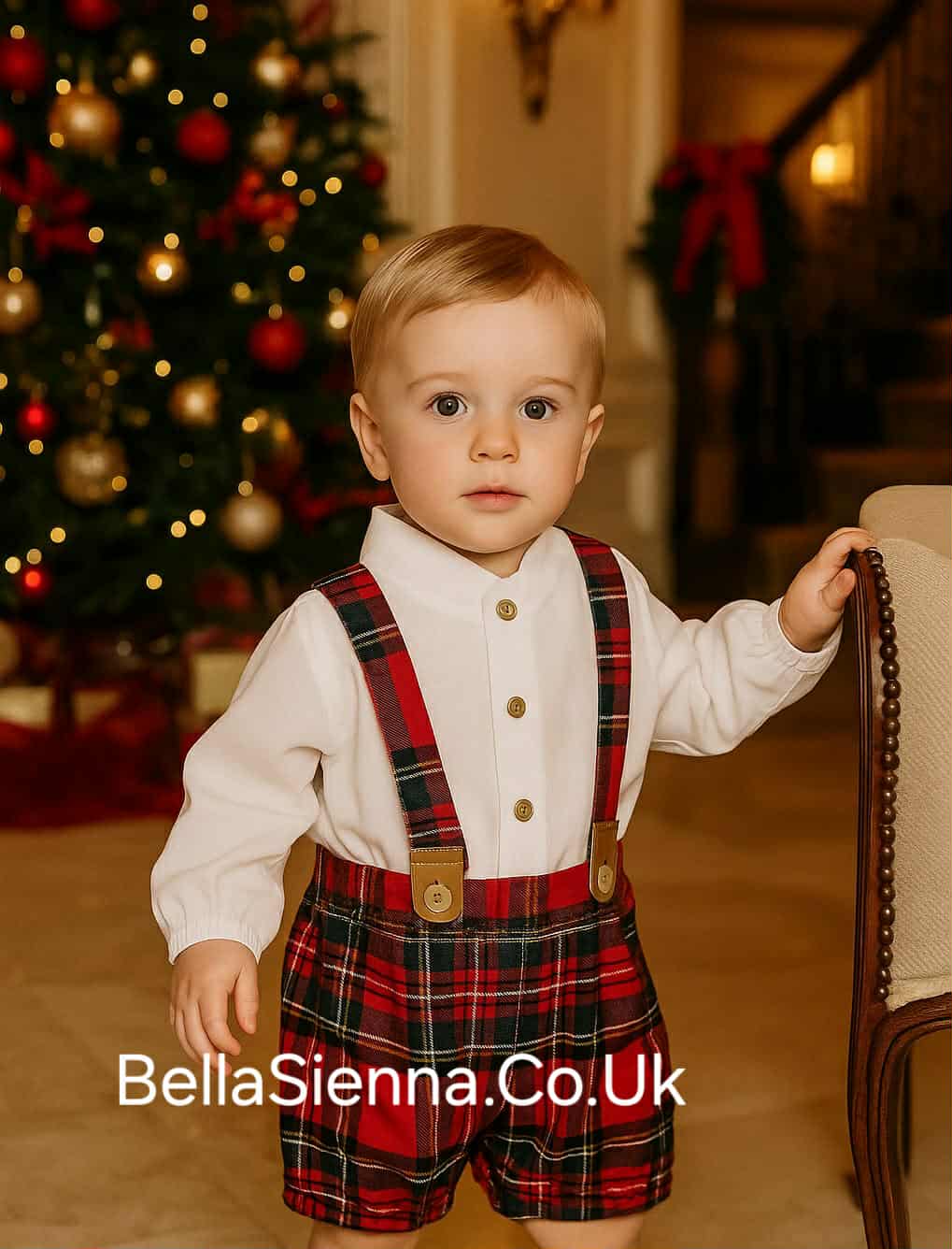 Calamaro Red Tartan Boys Outfit With Braces - 11092